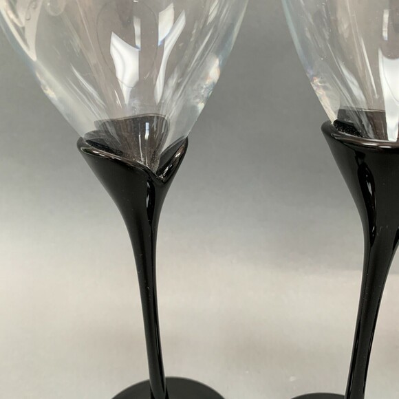 Clear Black Tulip Stem Wine Glass Glasses 9 3/8" high Lot of 3 - Picture 2 of 5